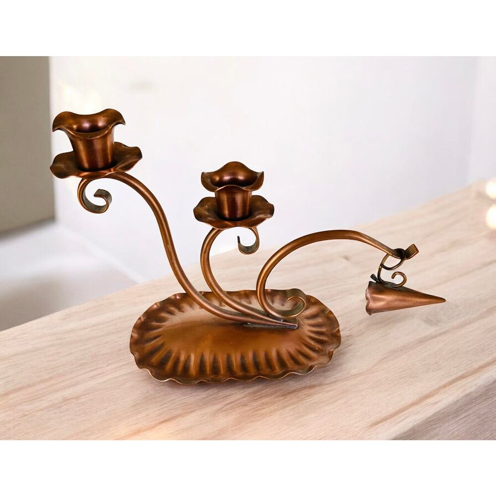 VINTAGE Gregorian Copper Scroll Double Taper MCM Candle Holder w/ Snuffer Decor